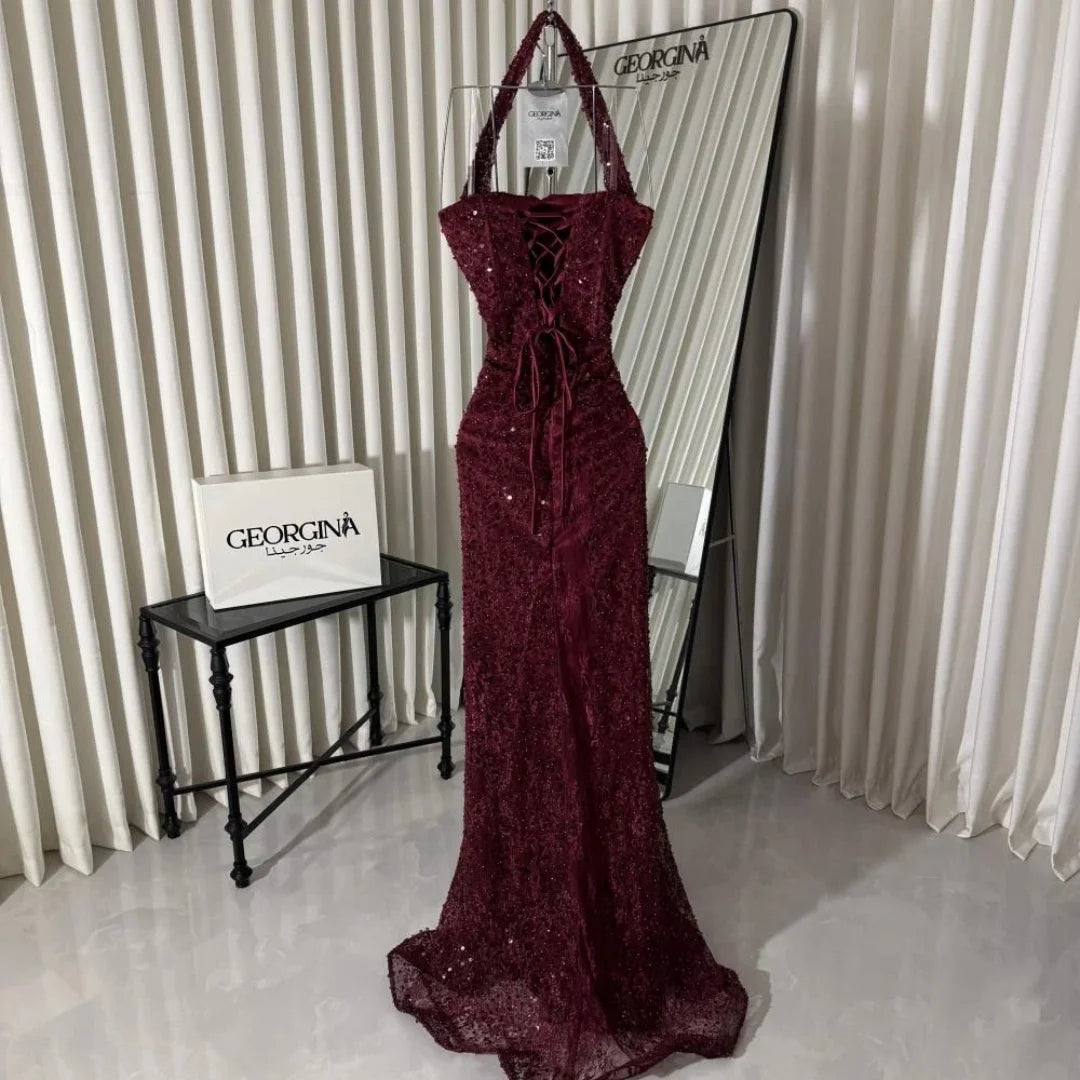 Wine Red Halter Prom Dress – Beaded Mermaid Gown