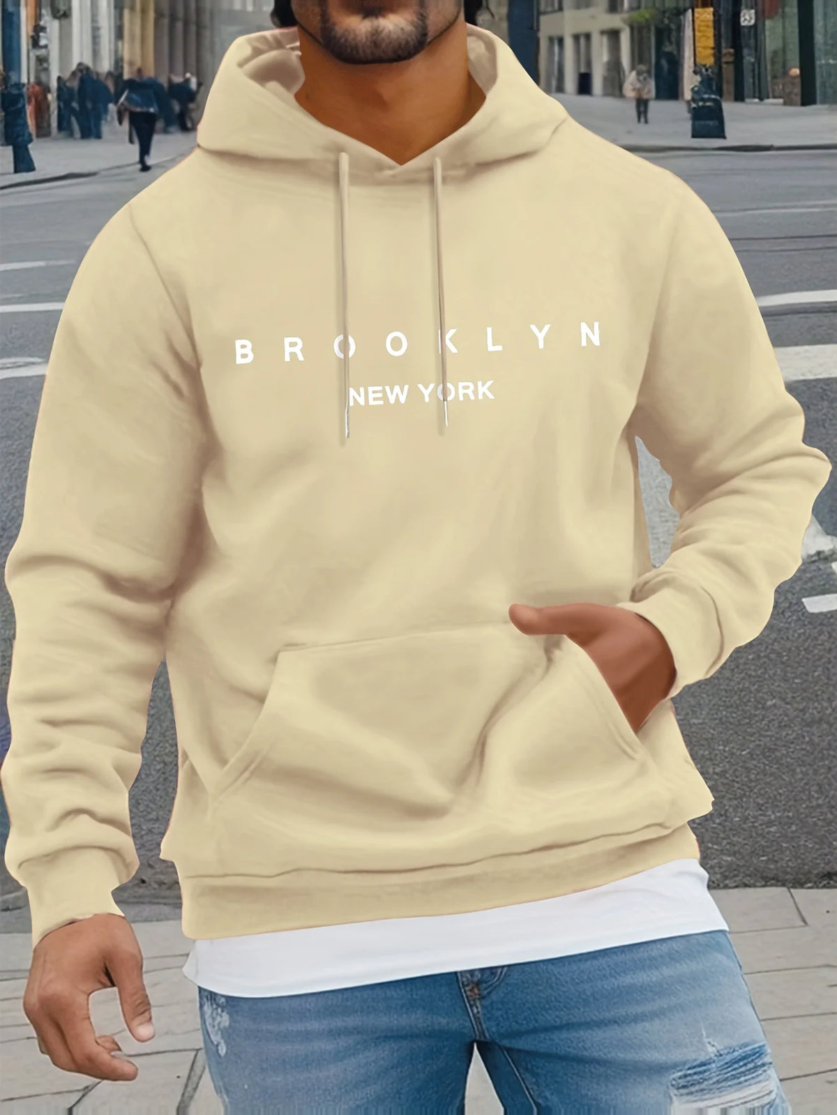 Men's Autumn and Winter Casual Fashionable Loose Brooklyn Classic Letter Printed Long-Sleeved Warm Hooded Pullover