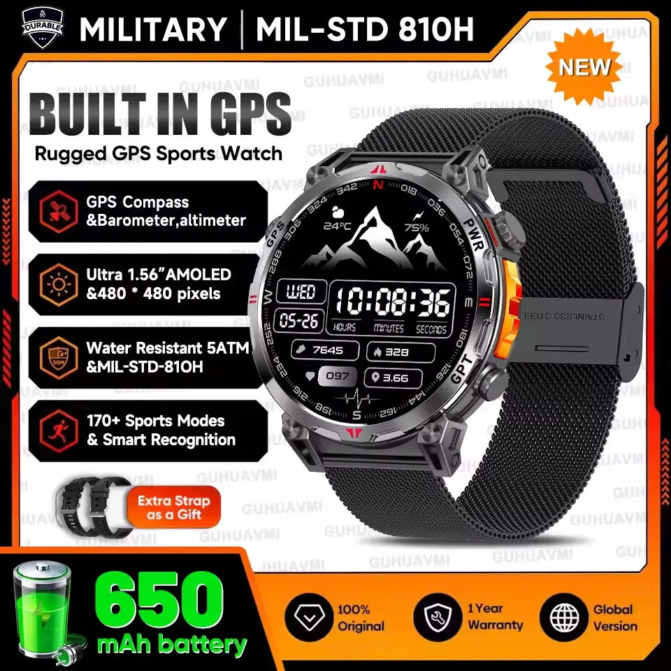 New Upgrade GPS Outdoor Sports SmartWatch Men With 5ATM Swim Compass Altimeter 1.56" AMOLED Heart Rate Bluetooth Call Smartwatch
