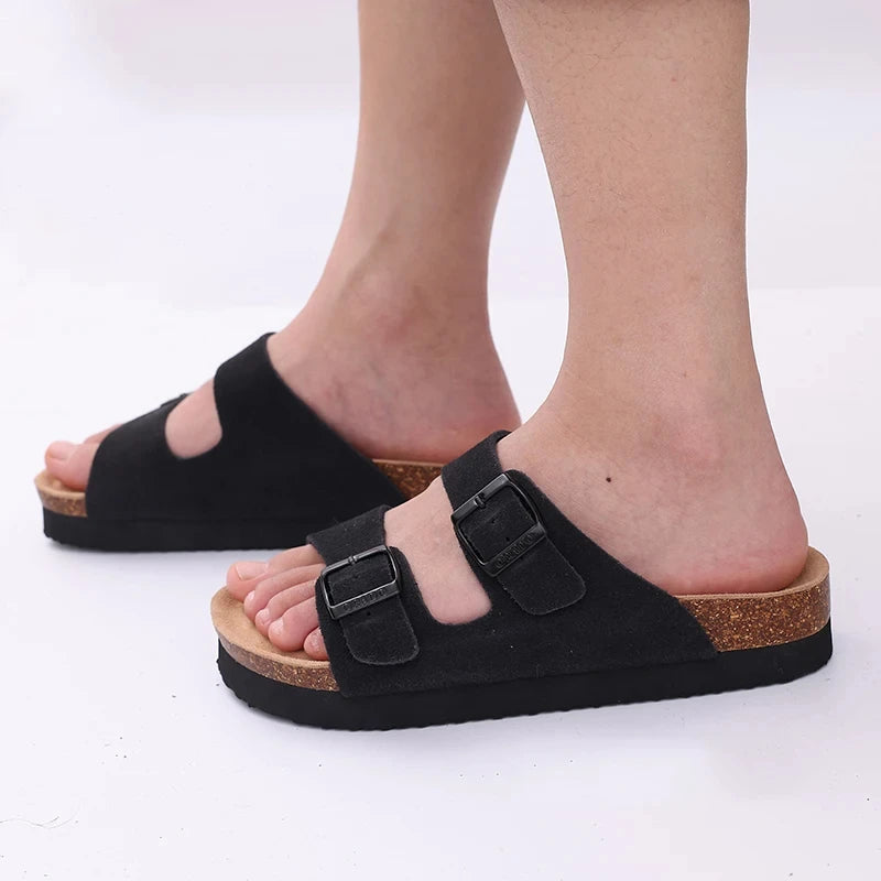Comwarm Men's Cork Footbed Slides Sandals Arch Support Summer Outdoor Sandals with Adjustable Buckle Leisure Men Leather Slides