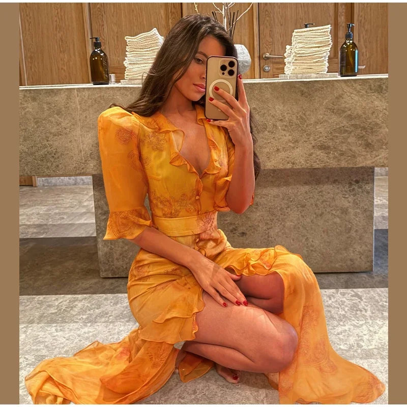 V Neck High Split Half Sleeve Slim Long Dress Print Waist Cinching Ruffle Hem Maxi Robes 2026 Women Party Vacation Vestidos