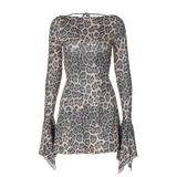 Leopard Print Backless Lace-Up Flare Sleeve Mini Dress