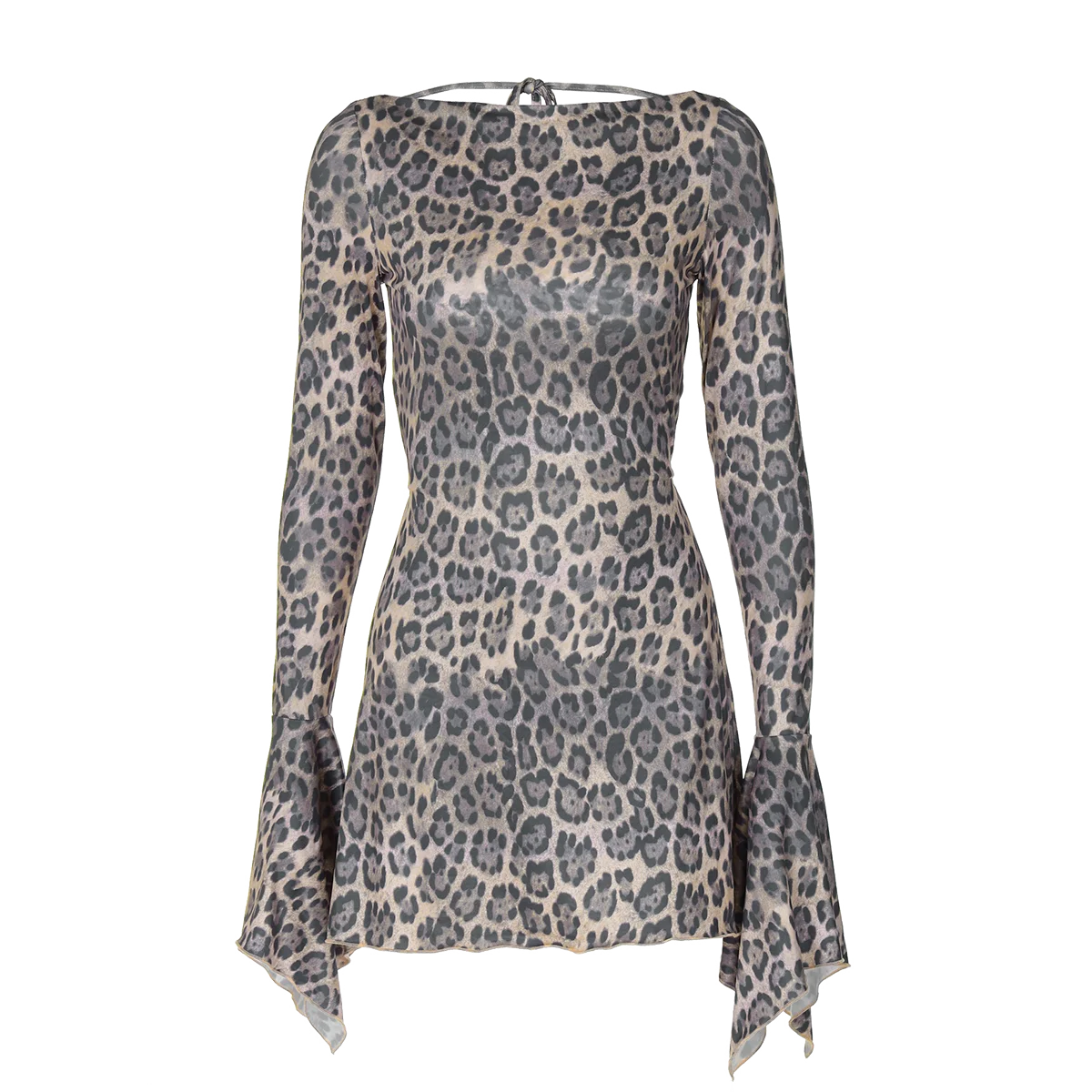 Leopard Print Backless Lace-Up Flare Sleeve Mini Dress