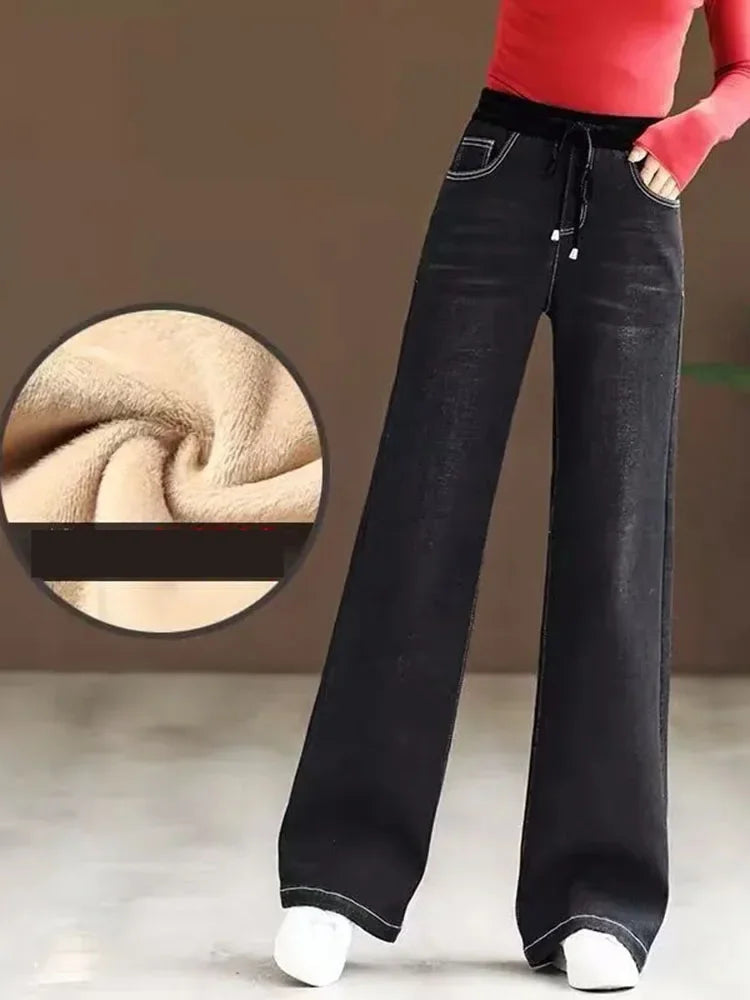 Winter Wide Leg Denim Pants Women Thicken Plush Velvet Lined High Waist Jeans Lace Up Warm Baggy Straight Vaqueros Pantalones