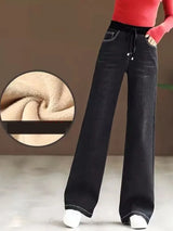 Winter Wide Leg Denim Pants Women Thicken Plush Velvet Lined High Waist Jeans Lace Up Warm Baggy Straight Vaqueros Pantalones
