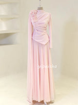 Customized Formal Women Chiffon Handmade Flower Ruched A-Line Evening Dresses Classic Arabic High Collar Long Sleeves Party Gown