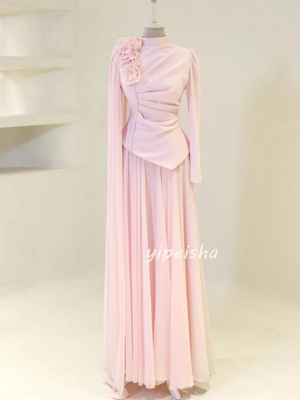 Customized Formal Women Chiffon Handmade Flower Ruched A-Line Evening Dresses Classic Arabic High Collar Long Sleeves Party Gown