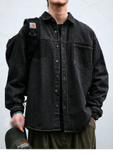 Mens High Quality Custom Weave Slub Deconstructed Patchwork Denim Shirt Trendy Distressed Wash Streetwear Casual Long Sleeve