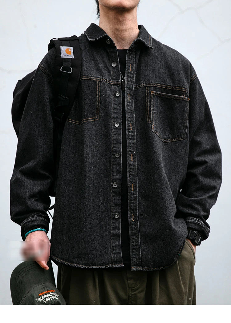 Mens High Quality Custom Weave Slub Deconstructed Patchwork Denim Shirt Trendy Distressed Wash Streetwear Casual Long Sleeve