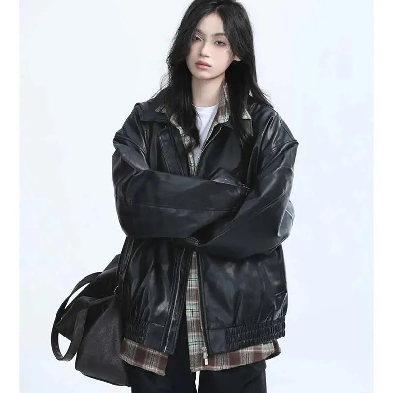 Women's Retro Faux Leather Zip-Up Jacket