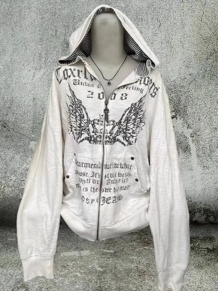American Retro Printed Zipper Sweatshirt Women's Y2K New Harajuku Hip Hop Goth Casual Joker Long Sleeve Zipper Hoodie Streetwear