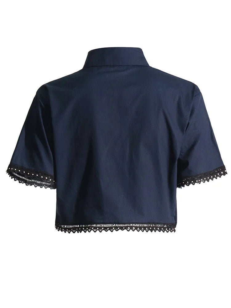 TWOTWINSTYLE Solid Two Piece Sets For Women Lapel Short Sleeve Tops High Waist A Line Skirt Slimming Sets Female Fashion Style