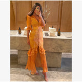 Elegant Floral Printed Woman Summer Dress V-neck Puff Sleeve Split Maxi Dresses For Women Fashion 2026 Women's Casual Gown New