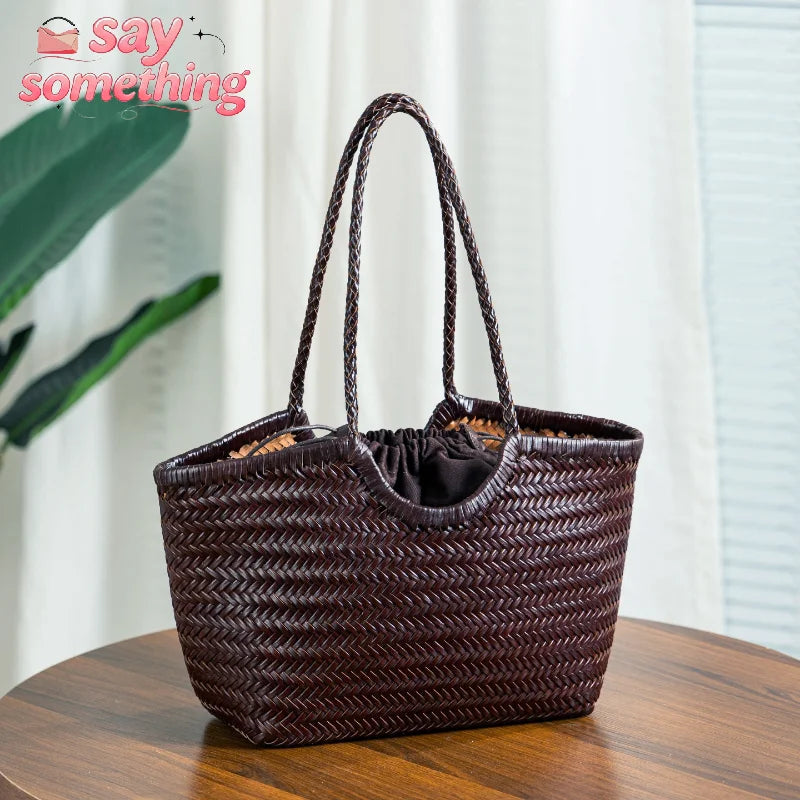 Genuine Leather Tote Bags Luxury Designer Handbag Handwoven Weaving Casual Shopping Bag Vintage Big Tote Purse Hand Bags