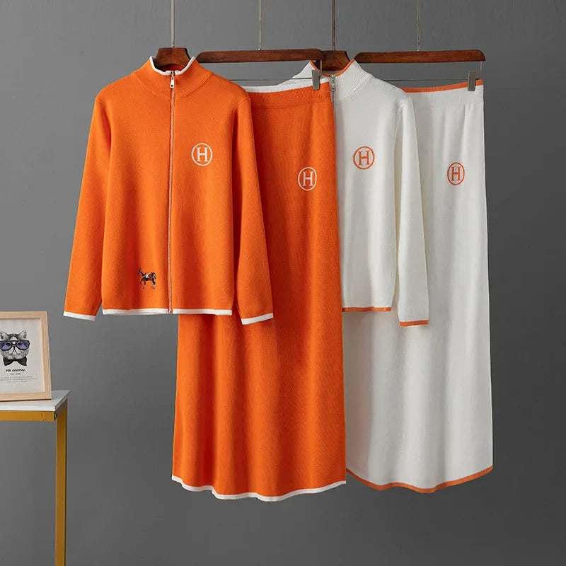 American-Made Luxury: Women’s Two-Piece Embroidered Wool Knit Jacket & Skirt Set