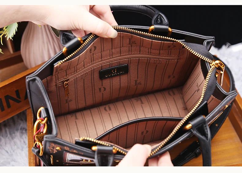Vintage Luxury Leather Tote – Designer Cat Embroidery Shoulder Bag