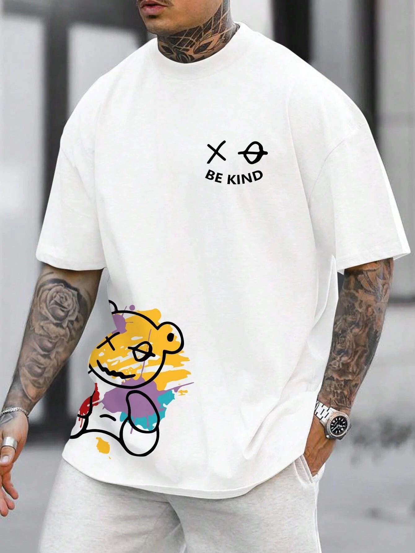 Men’s 100% Pure Cotton "BE KIND" Cartoon Print Loose Fit T-Shirt