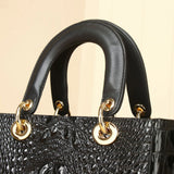 Crocodile-Embossed Genuine Leather Structured Handbag