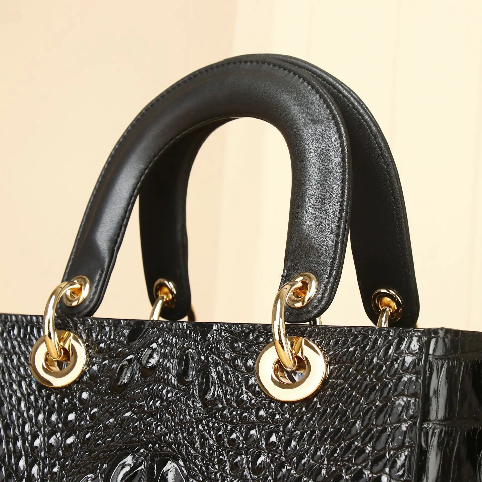 Crocodile-Embossed Genuine Leather Structured Handbag