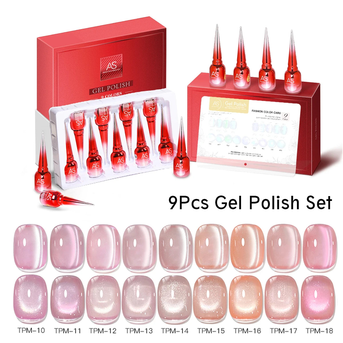 AS 9 Colors Magnetic Cat Eye Gel Nail Polish Set Jelly Pink UV LED Soak Off Gel Varnish Crystal Red Cat Gel Lacquer With Display