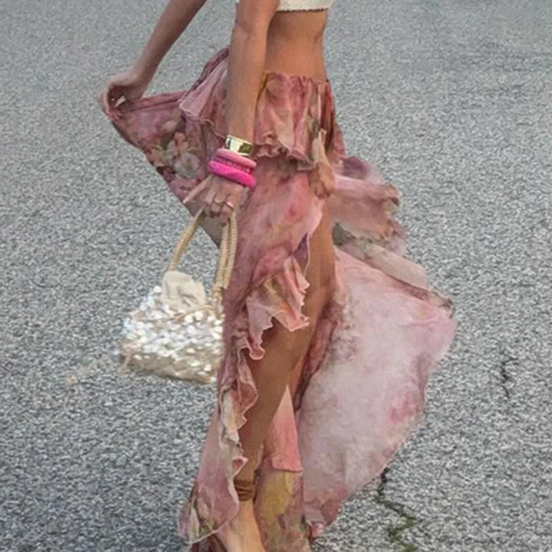 Y2K Floral Lace Long Skirt – Boho Beach & Party Style