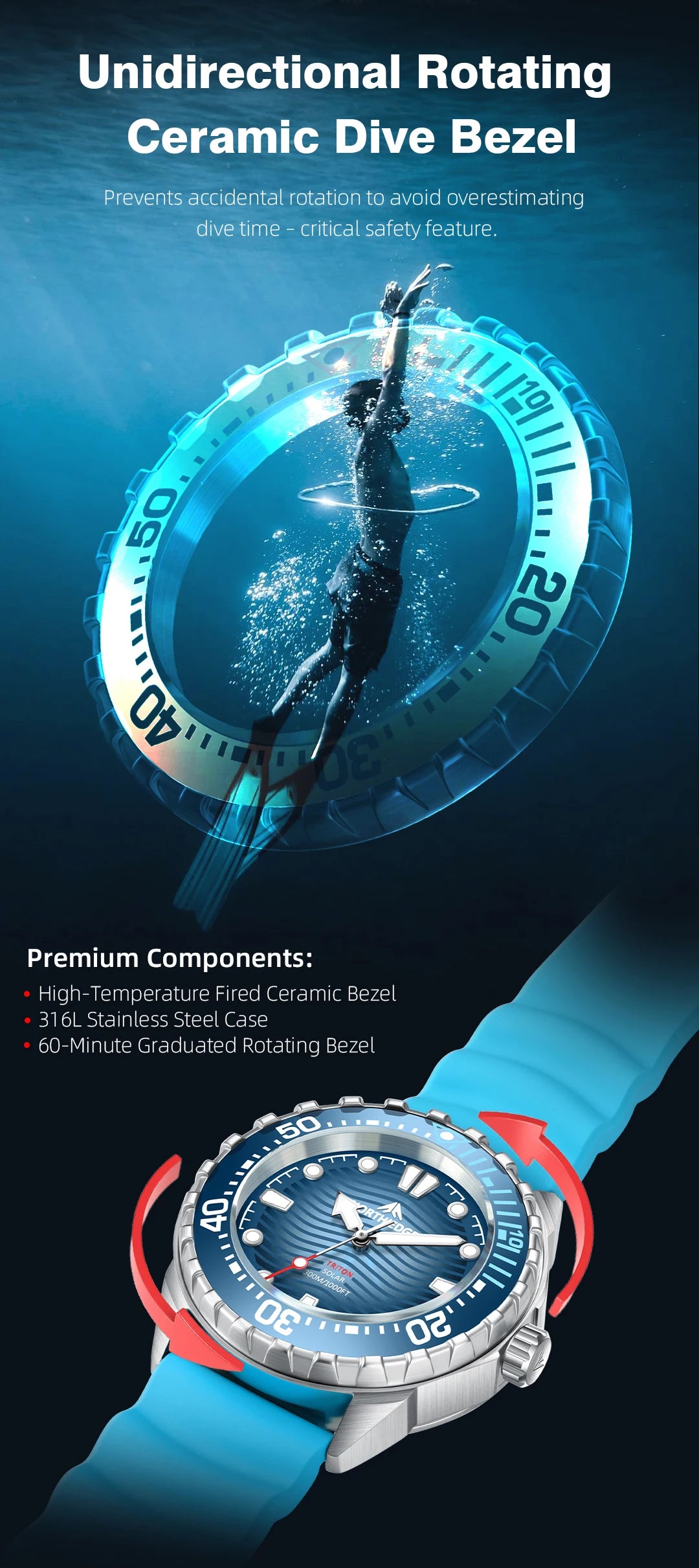 TRITON Men's Solar Dive Watch with Ceramic Bezel