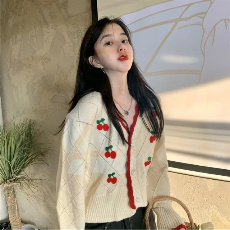 Floral V-Neck Button-Up Knit Cardigan for Women