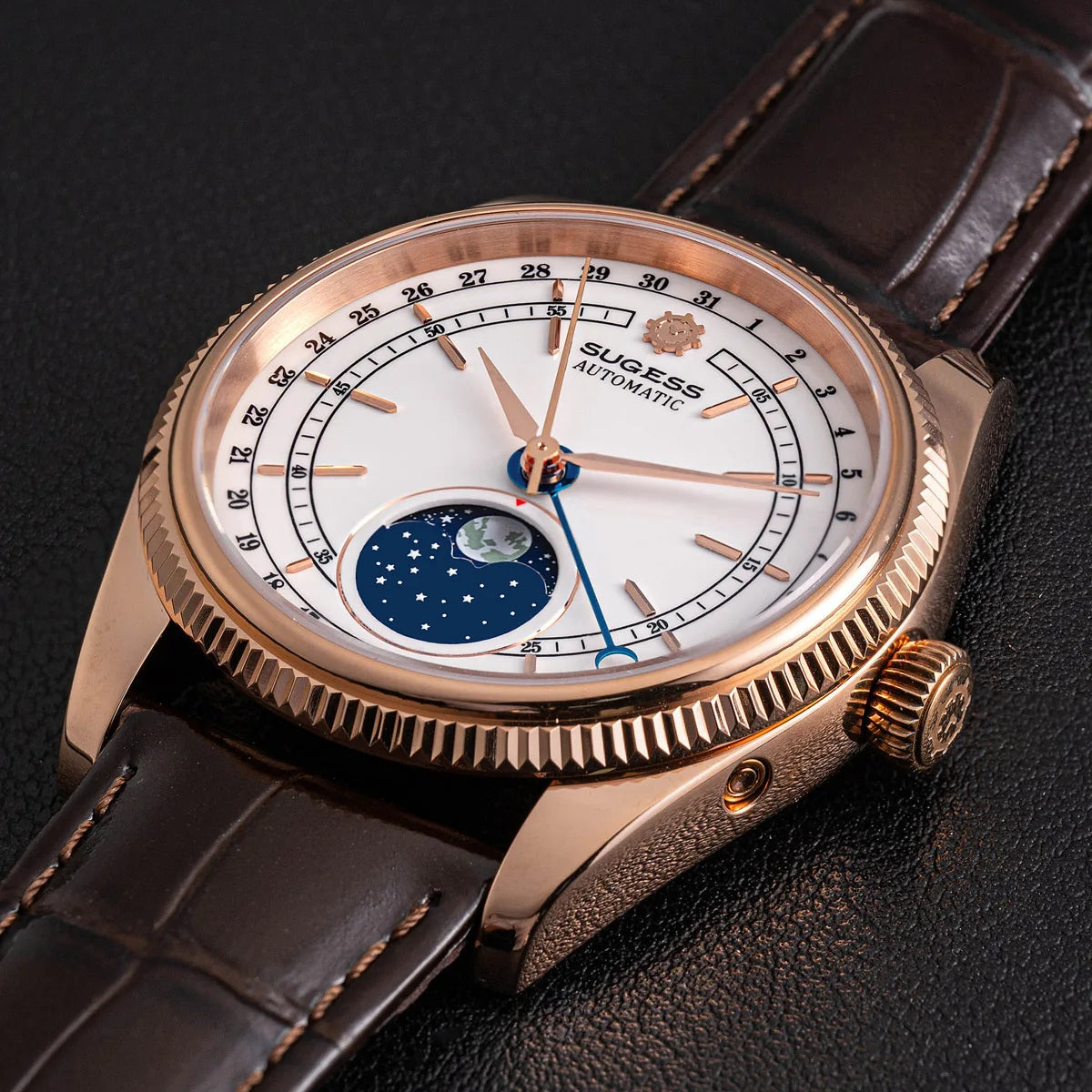 Sugess 40mm Watch of Men Moonphase Automatic ST2108 Movement Sapphire Crystal Mechanical Wristwatches Waterproof Date S452
