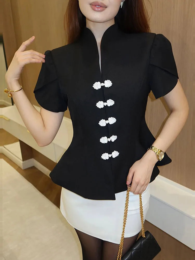 2026 Spring Summer Short Puff Sleeve Frog Button Shirt For Women Stand Collar  Single Breasted Blouse Lady Chic Street Party Top