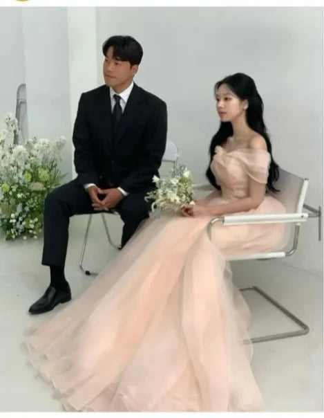 Fairy Peack Pink Silk Organza Wedding Dresses Korea Photoshoot Off Shoulder Floor Length Evening Gowns Formal Party