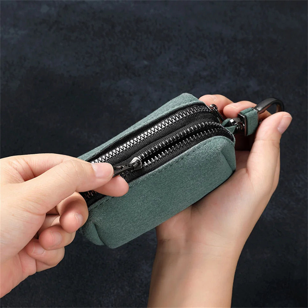 Portable Keychain Wallet for Men Women Large-Capacity Double Zipper Key Pouch Bag Suede Leather Key Case Unisex Coin Purse