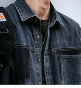 Mens High Quality Custom Weave Slub Deconstructed Patchwork Denim Shirt Trendy Distressed Wash Streetwear Casual Long Sleeve