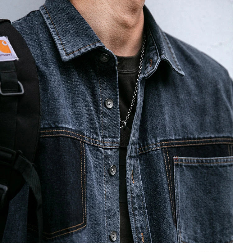 Mens High Quality Custom Weave Slub Deconstructed Patchwork Denim Shirt Trendy Distressed Wash Streetwear Casual Long Sleeve
