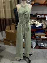 Women Green Bowknot Wide-leg Pant Suits Chic Solid Sleeveless Lace Up Slim Fit Long Pant Sets 2026 Lady Daily Street Outfits New