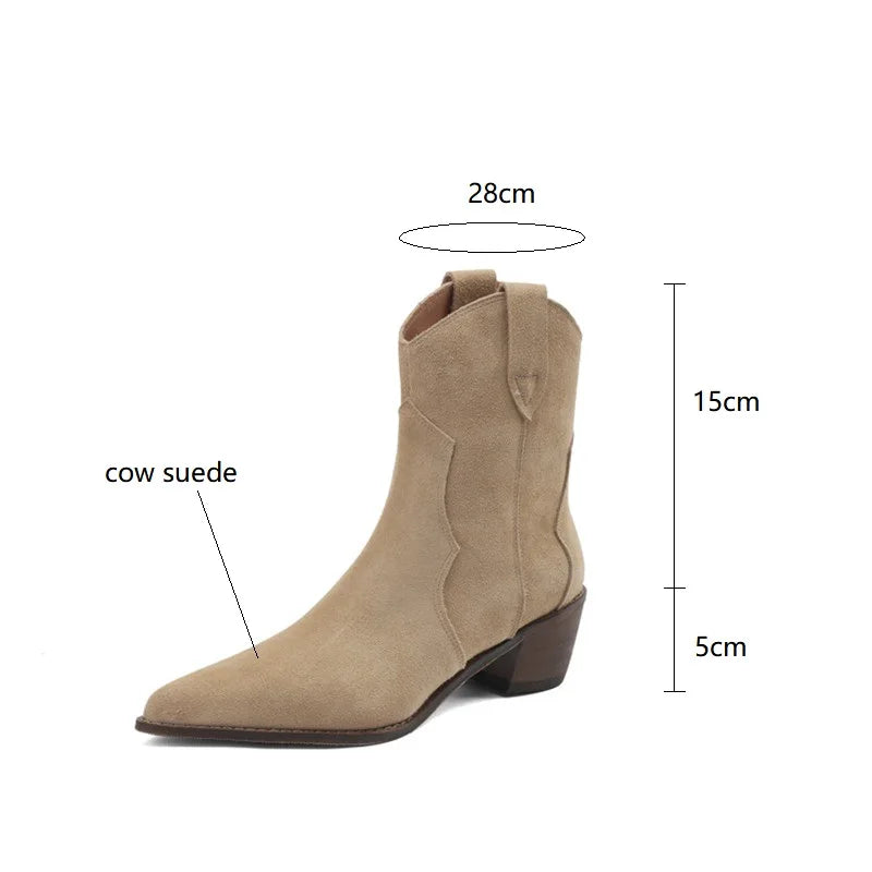 2026 Autumn Cow Suede Women Boots Pointed Toe Chunky Heel Boots for Women Fashion Short Boots Winter Boots Women Western Boots