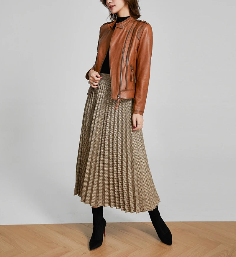 Women's Short Genuine Sheepskin Biker Jacket