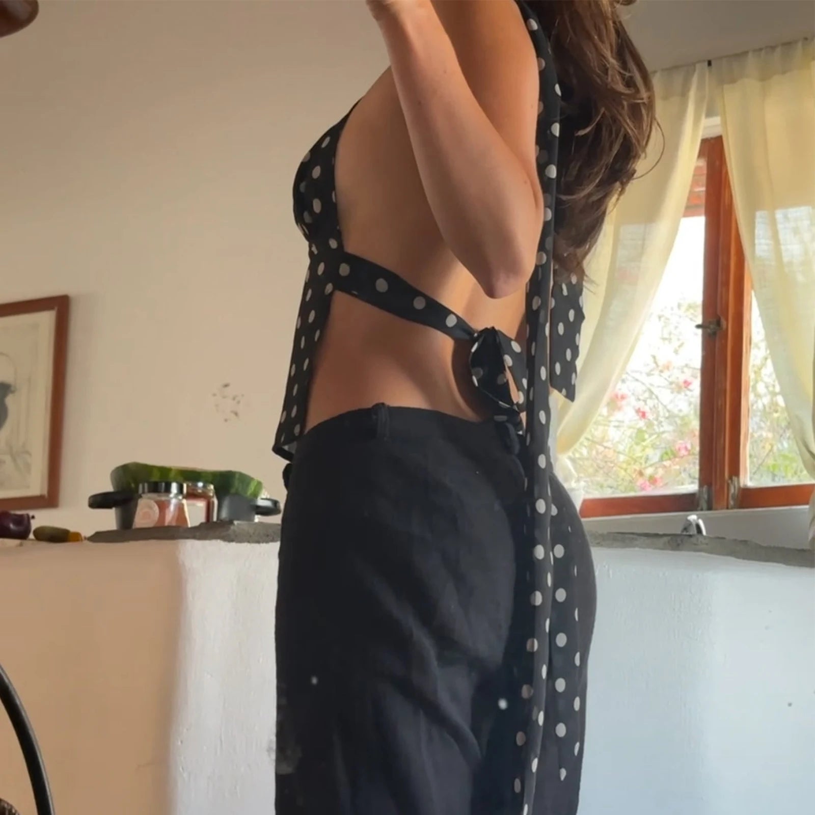 Women's Polka Dot Halter Cami | Backless V-Neck Y2K Coquette Crop Top