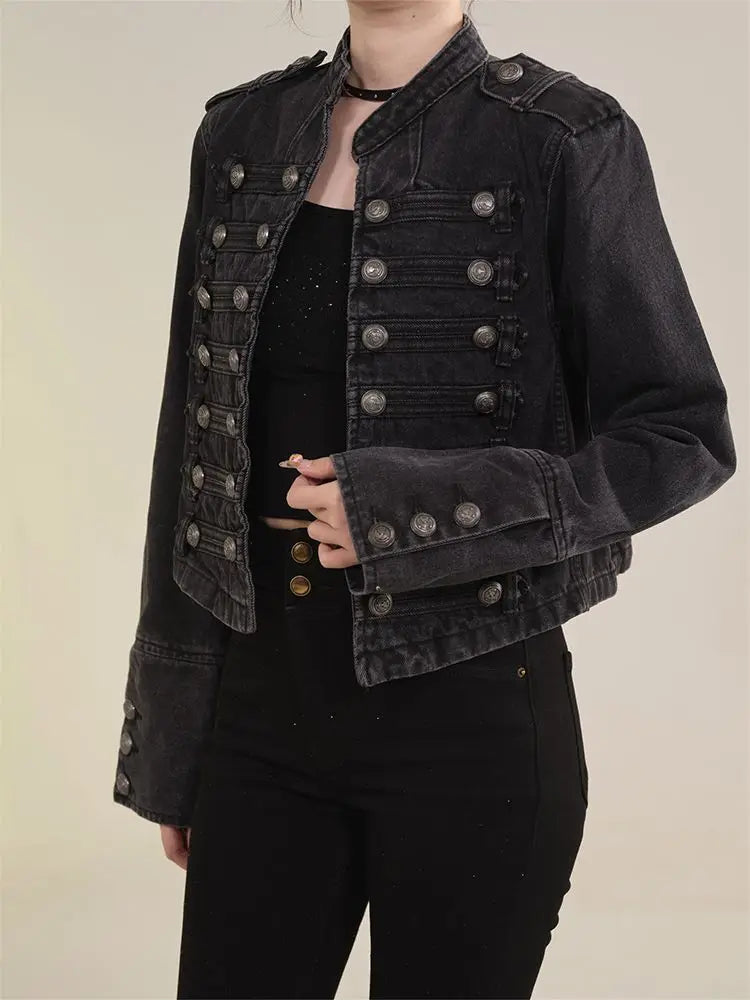 Women's American Retro Denim Military Inspired Cropped Jacket Long Sleeve Stand Collar Casual Y2k Motorcycle Coat