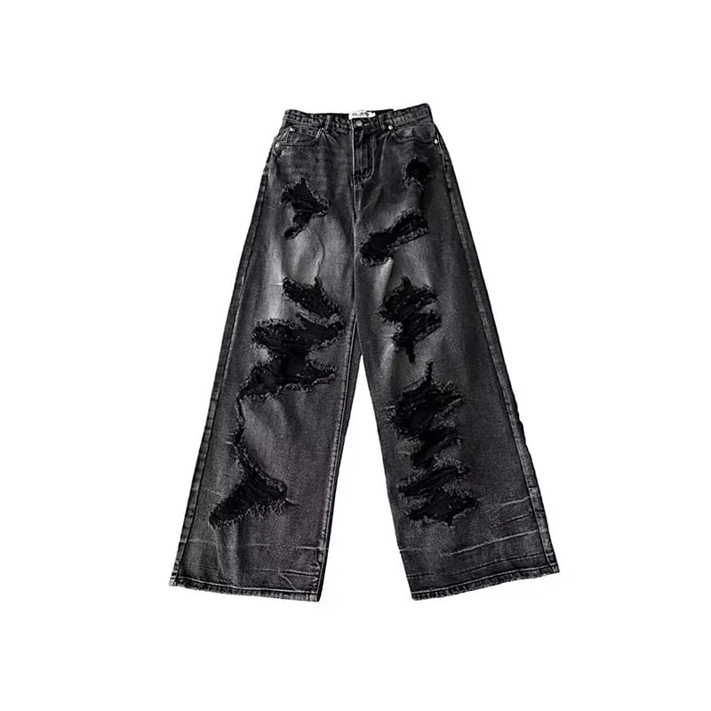 Vintage Black Ripped Wide-Leg Jeans for Women
