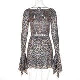 Leopard Print Backless Lace-Up Flare Sleeve Mini Dress