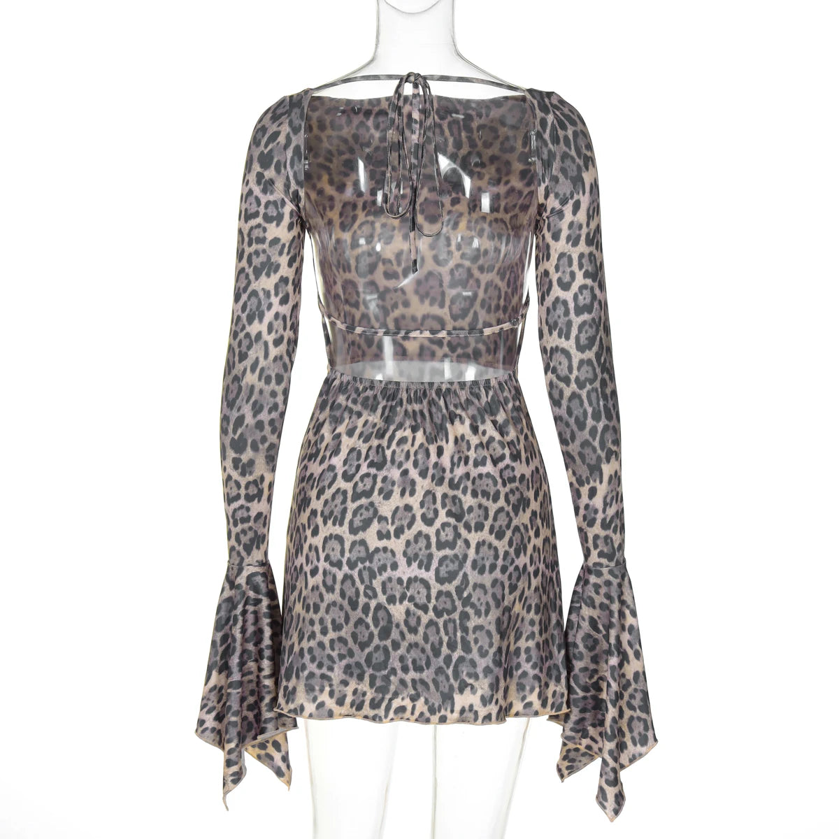 Leopard Print Backless Lace-Up Flare Sleeve Mini Dress