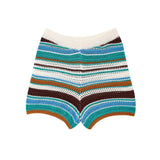 Women Patchwork Striped Hollow Out Crochet Knitted Crop Sweater Shorts Set Short Sleeve Polo Collar Sweater Knit Shorts Suit Y2K