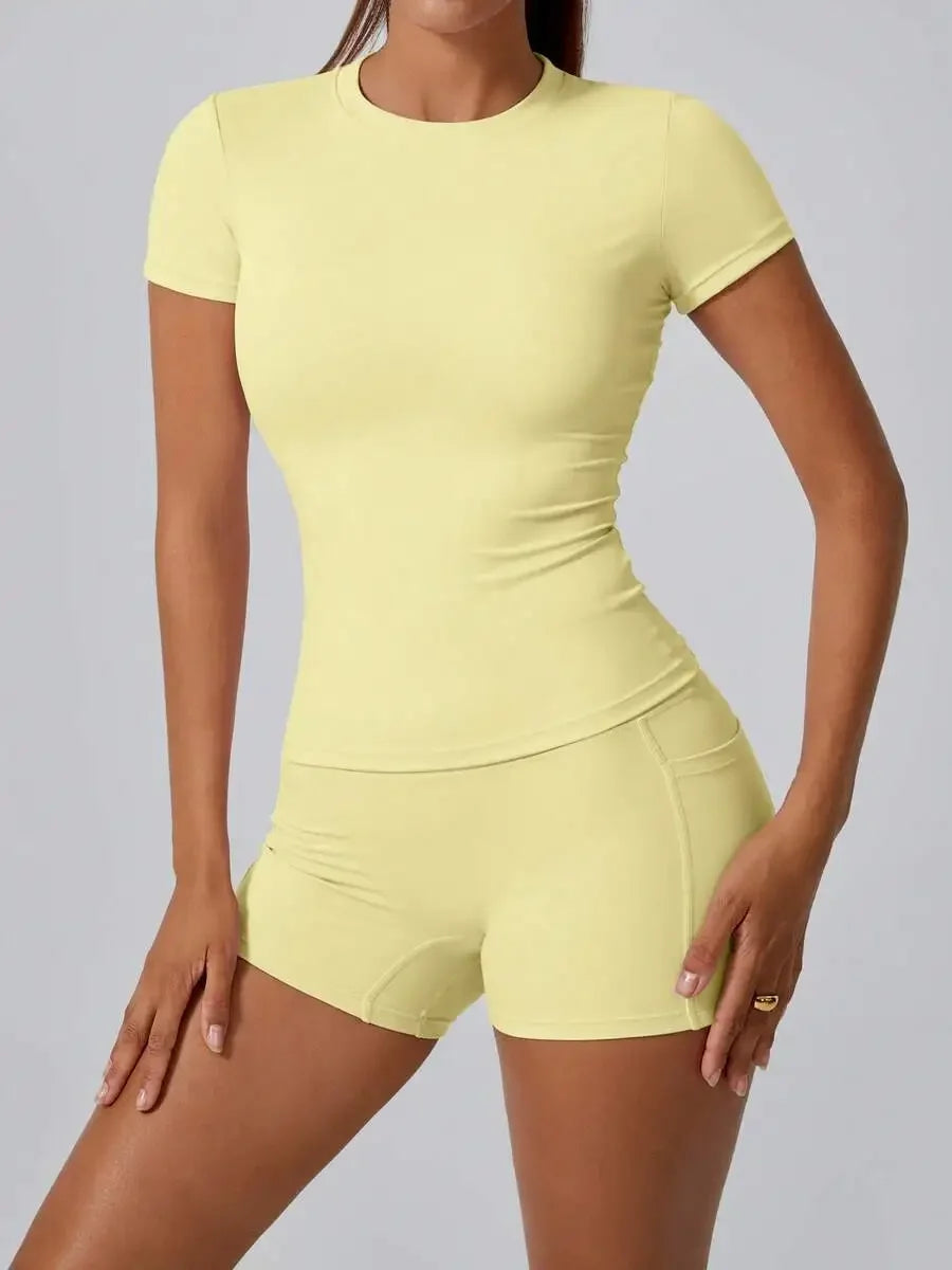 Women's Sculpting Sports Short Sleeve & High-Waist Shorts Set