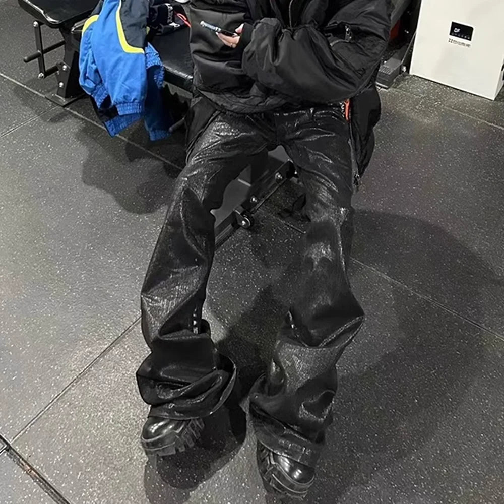 Black Waxed Leather Stretch Flare Jeans