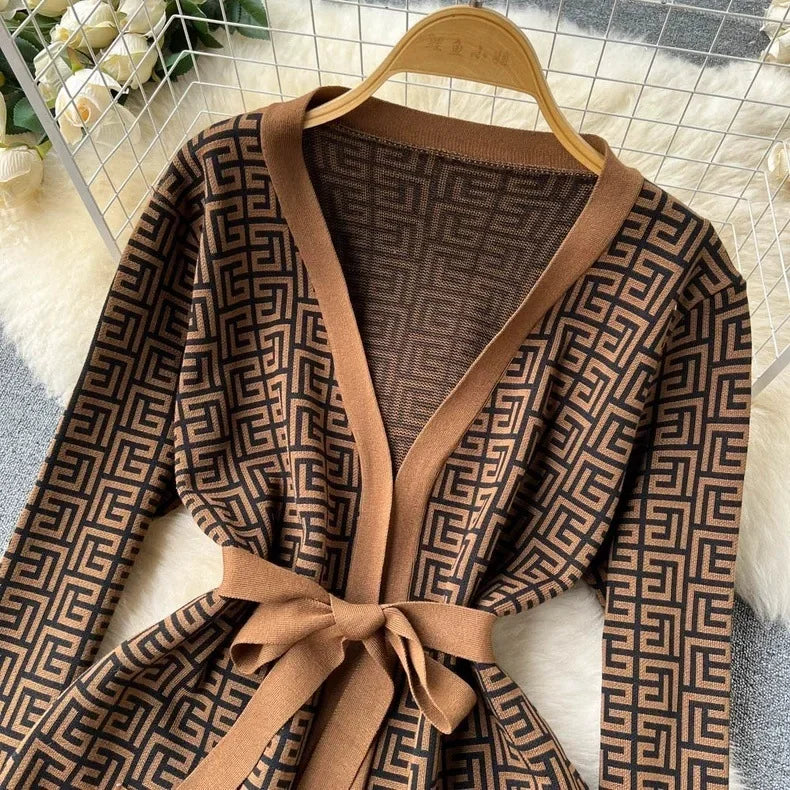3-Piece Women’s Knitted Set: V-Neck Belted Cardigan & High-Waist Wide-Leg Pants