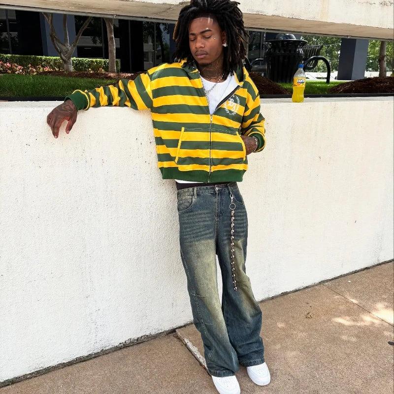 Y2K Striped Zip-Up Hoodie with Embroidery