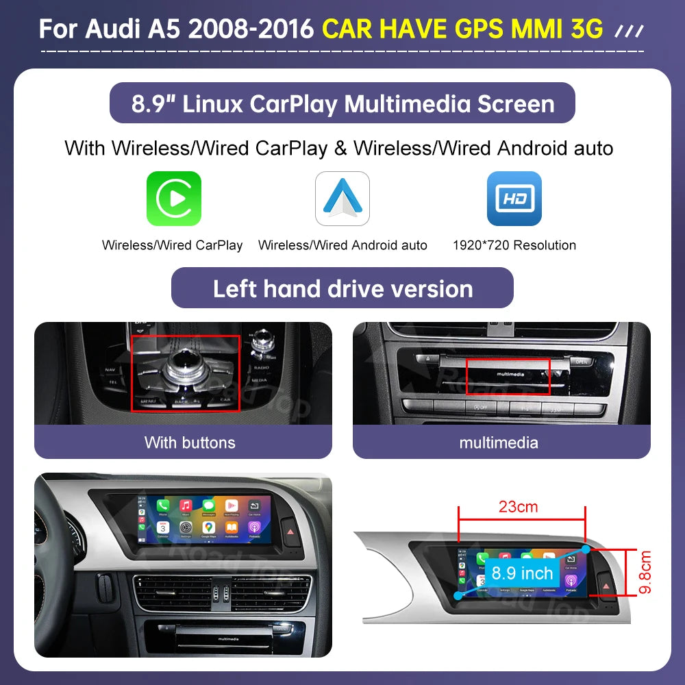 Road Top 8.8"/12.3" Touch Screen for Audi A5 2008–2016