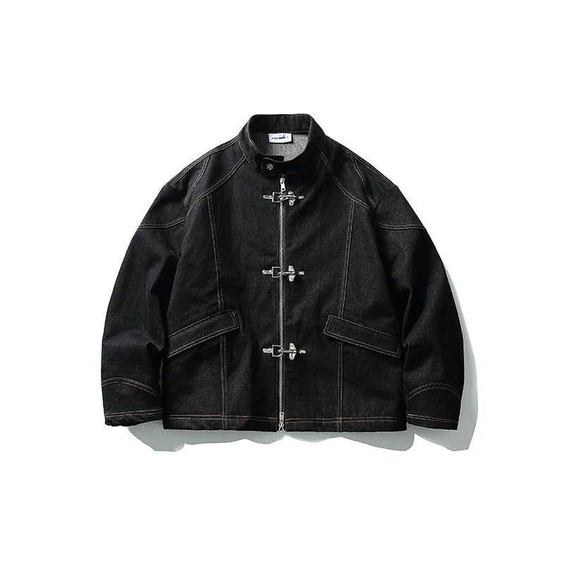 American Vintage Denim Jacket Men Stand Collar Cotton Spring Metal Button Splicing Regular Fit Streetwear Trendy Casual Outwear