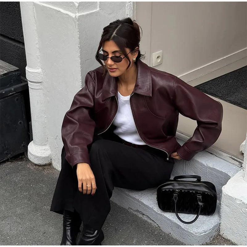 Women's Wine Red Pu Leather Short Jacket Fashion Autumn Lapel Collar Zipper High Street Loose Overcoats Ladies Button Outerwears