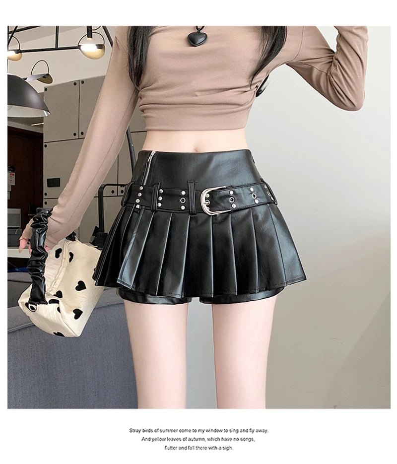 Women's Black Gothic Pleated Faux Leather Mini Skirt